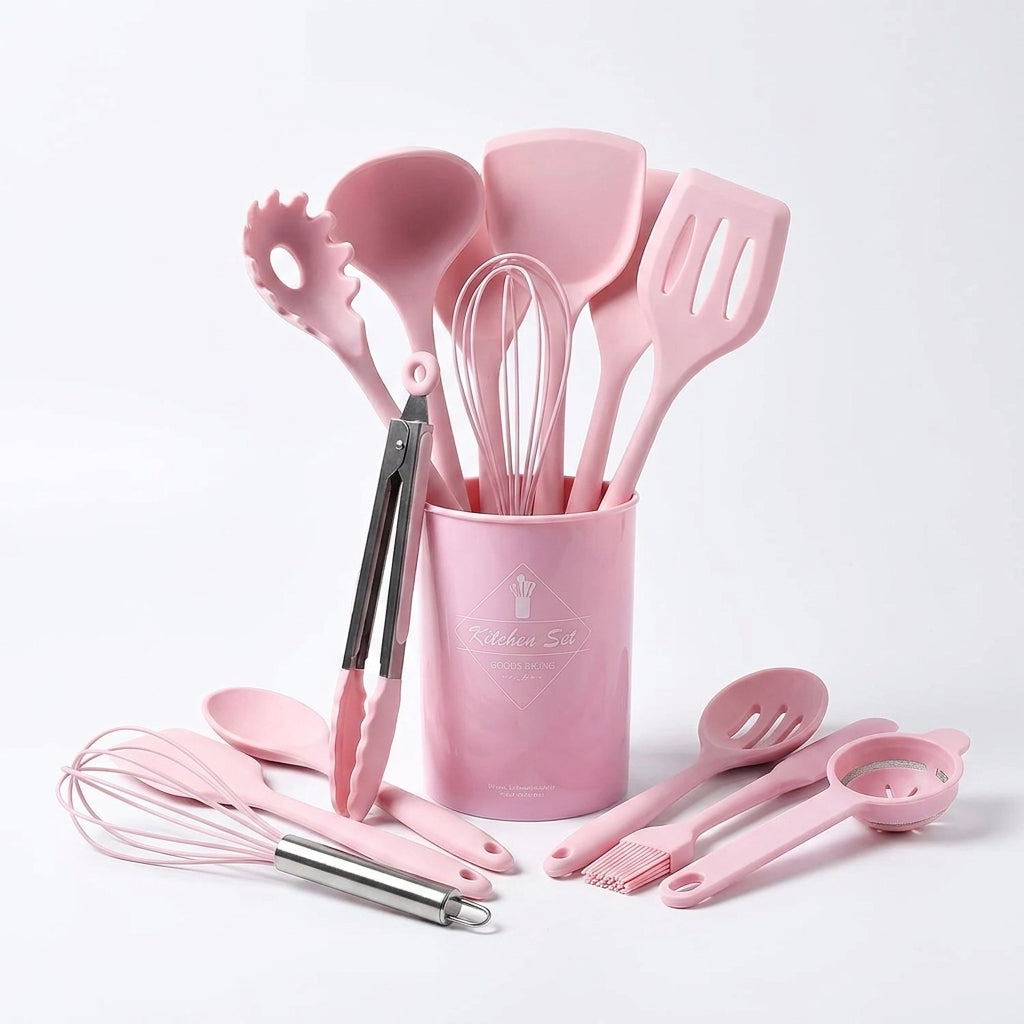 15-Piece Khaki Silicone Kitchen Utensil Set — Food-Grade Cookware Tools