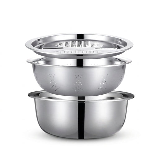 3-Piece Stainless Steel Mixing Bowl Set — Grater, Strainer & Drain for Food Prep