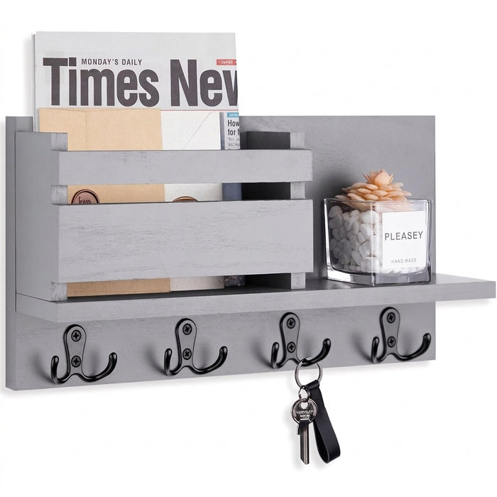Wooden Wall-Mounted Key and Mail Holder — Rustic Letter Sorter with 4 Hooks
